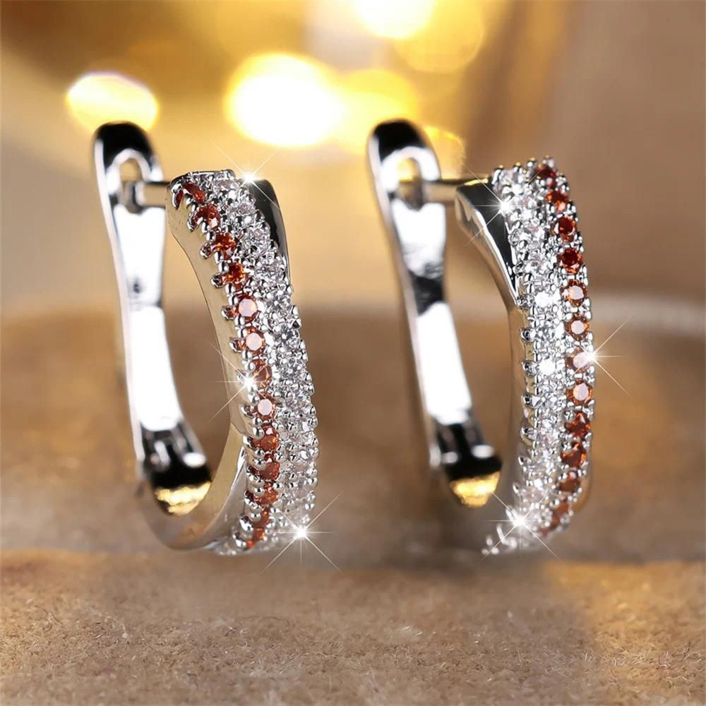 Silver-Tone White & Garnet-Red Crystal Striped Huggie Hoop Earrings