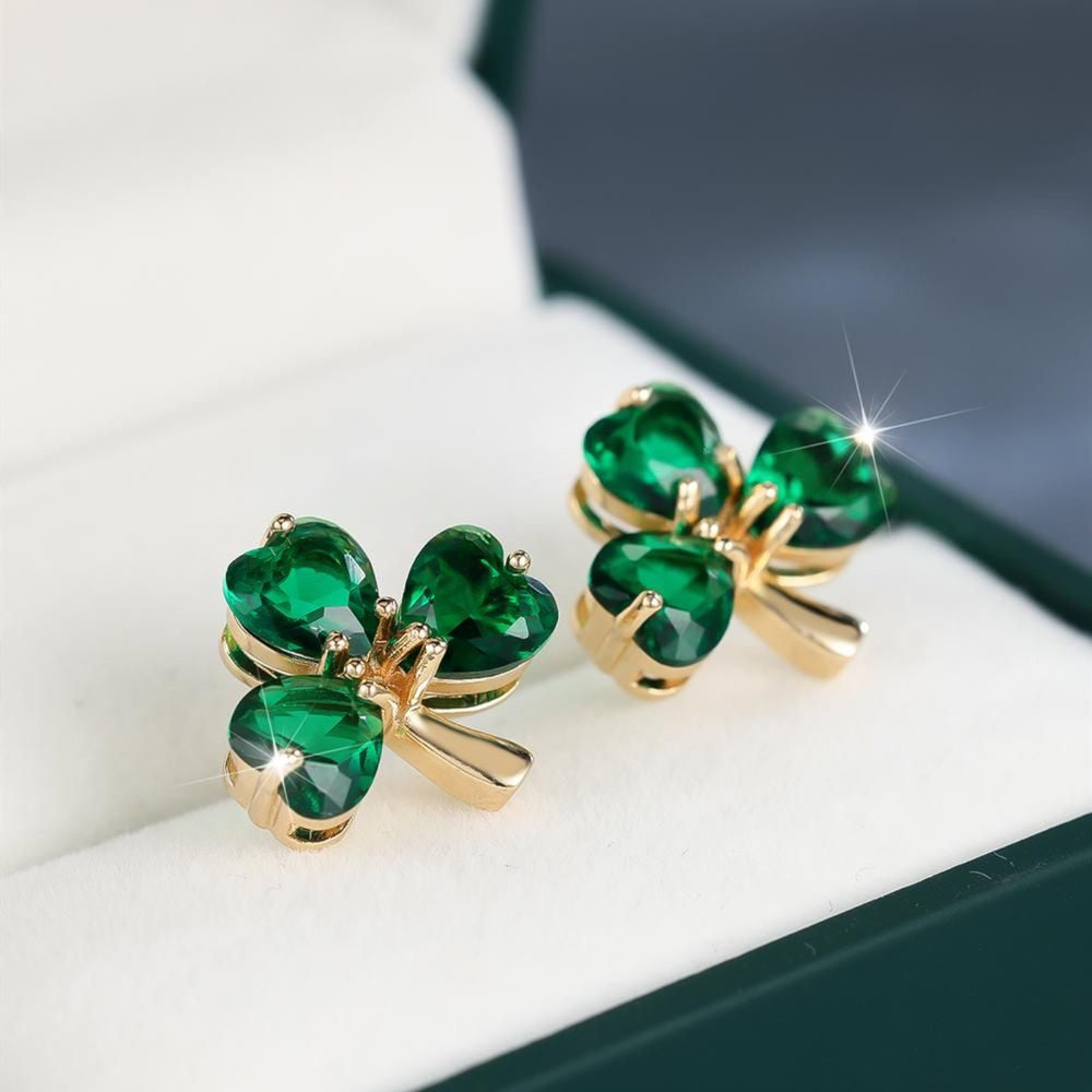 Gold-Tone Emerald-Green Crystal Heart Petal Clover Stud Earrings