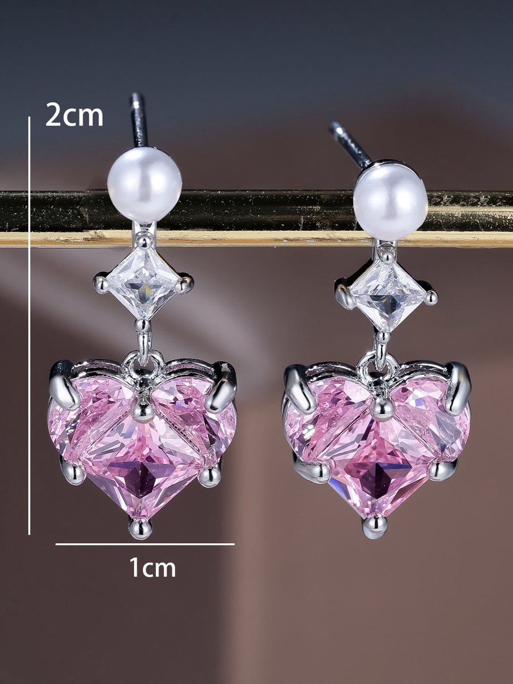 Silver-Tone Pink Heart Crystal Simulated Pearl Drop Earrings