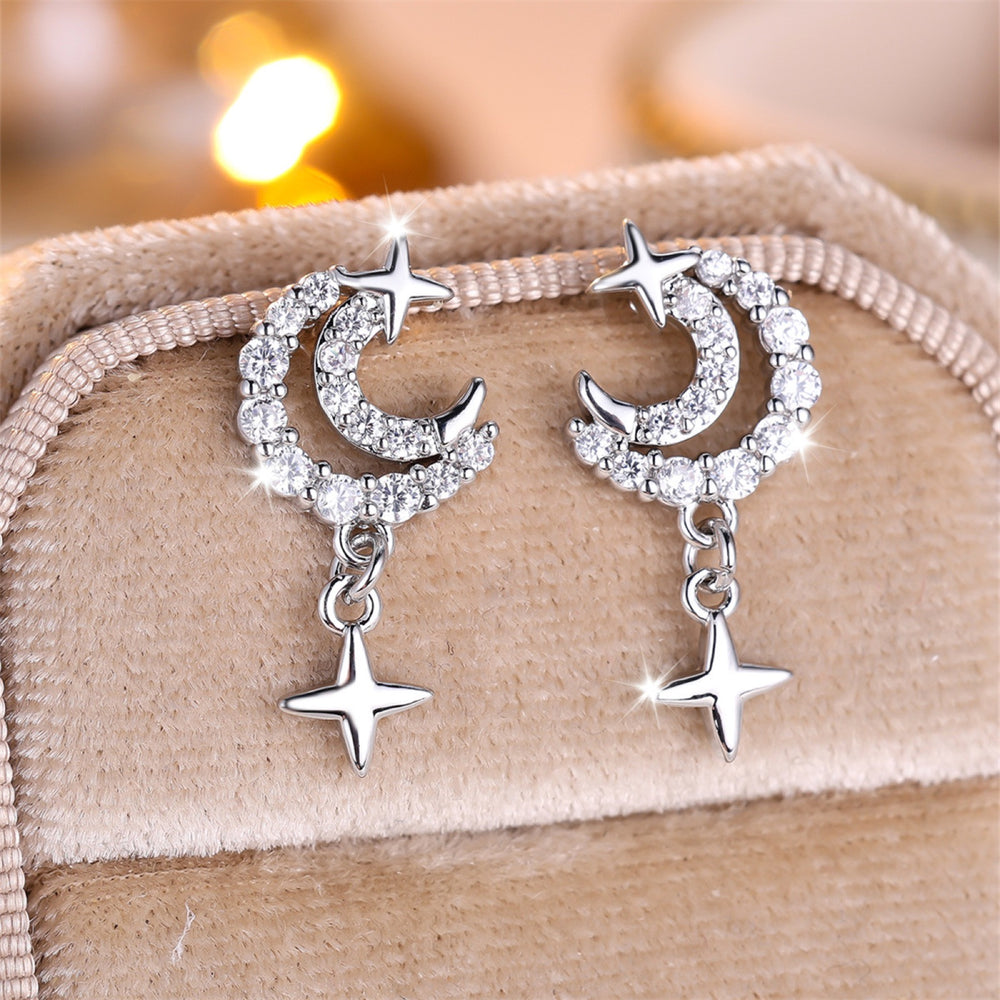 Silver-Tone White Crystal Crescent Moon and Star Drop Earrings