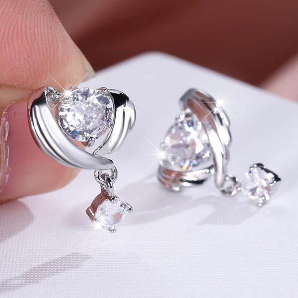 Silver-Tone White Crystal Heart Cut-Out Earrings With Crystal Drop
