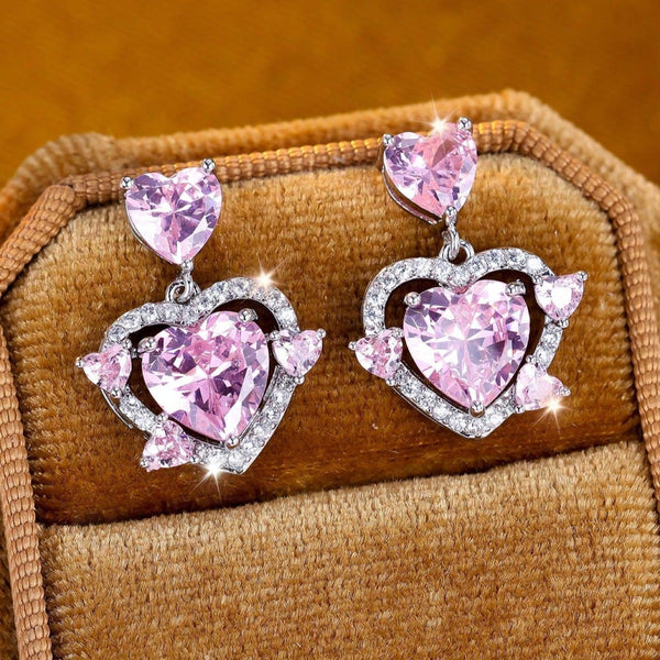 Silver-Tone Pink Heart Crystal Double Heart Drop Earrings