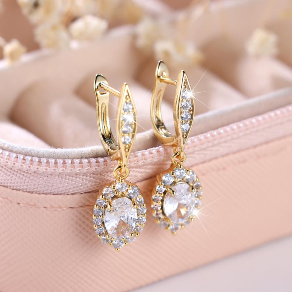 Gold-Tone White Crystal Oval Halo Drop Earrings With Latch Back