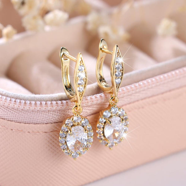 Gold-Tone White Crystal Oval Halo Drop Earrings With Latch Back