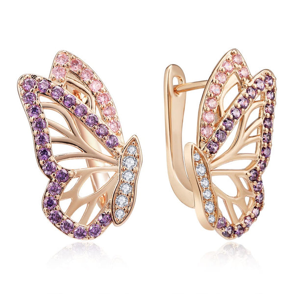 Rose Gold-Tone Purple Pink Crystal Butterfly Wing Huggie Earrings