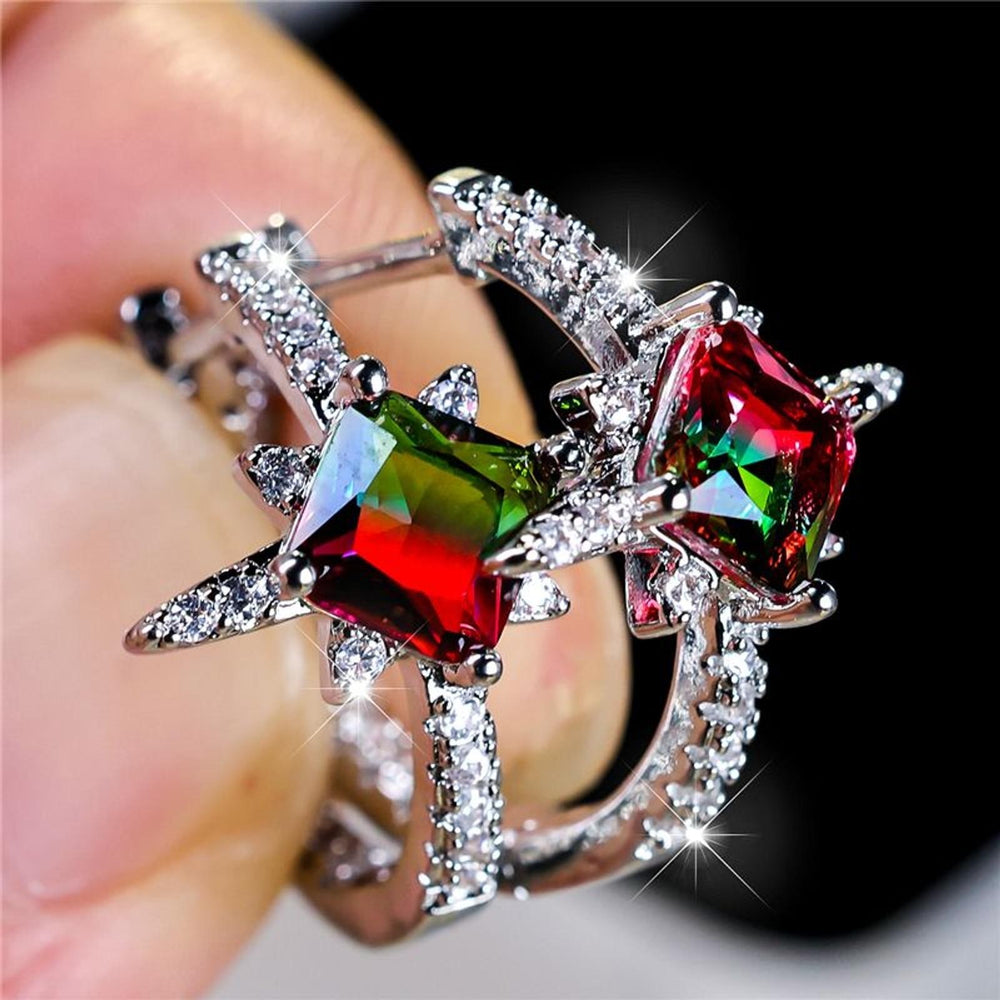 Silver-Tone Haloed Green Square Crystal Five-Point Star Drop Earrings