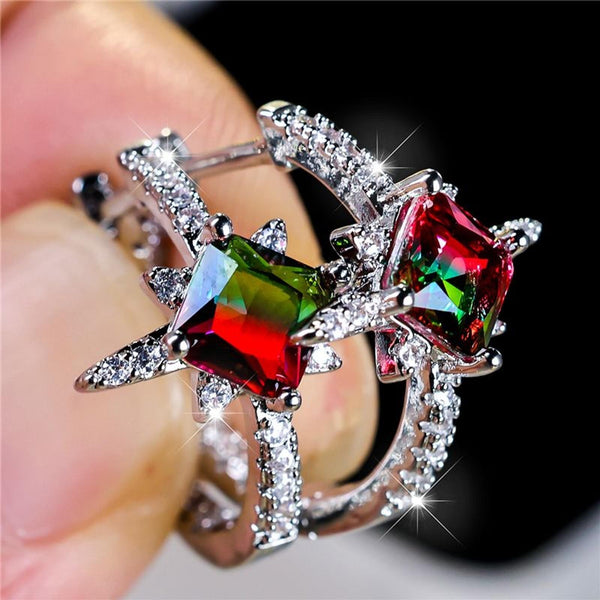 Silver-Tone Haloed Green Square Crystal Five-Point Star Drop Earrings