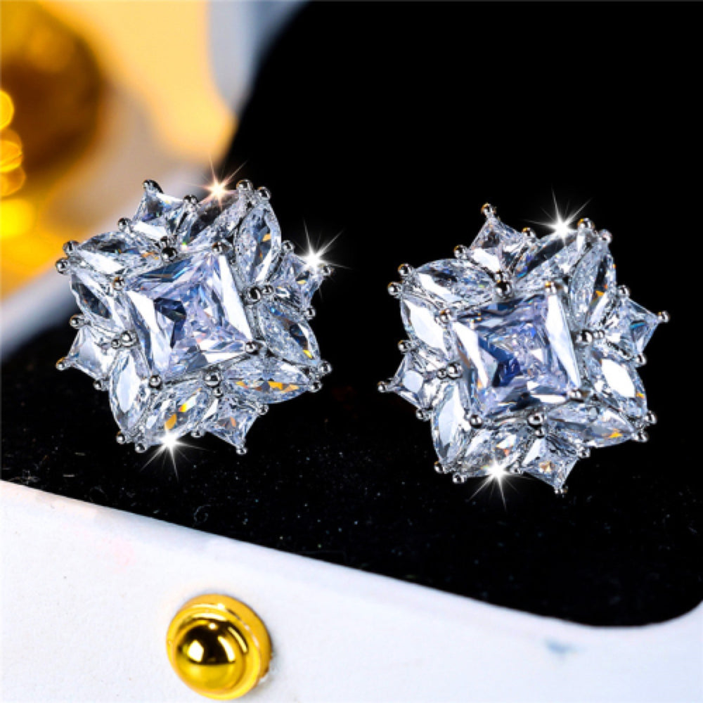 Silver-Tone White Crystal Square Cluster Stud Earrings