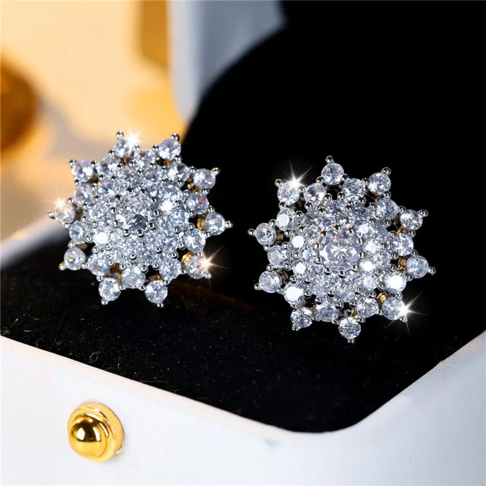 Silver-Tone White Crystal Round Snowflake Burst Stud Earrings