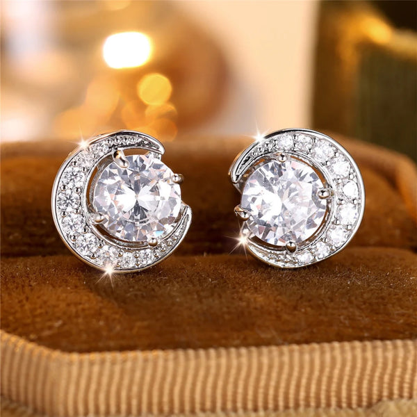 Silver-Tone White Round Crystal Crescent Moon Stud Earrings