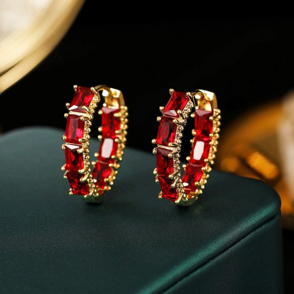 Gold-Tone Red Baguette Glass Stone Right-Angle Huggie Earrings