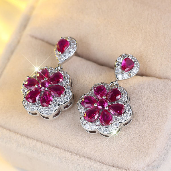 Silver-Tone Ruby-Red Crystal Teardrop & Flower Halo Drop Earrings