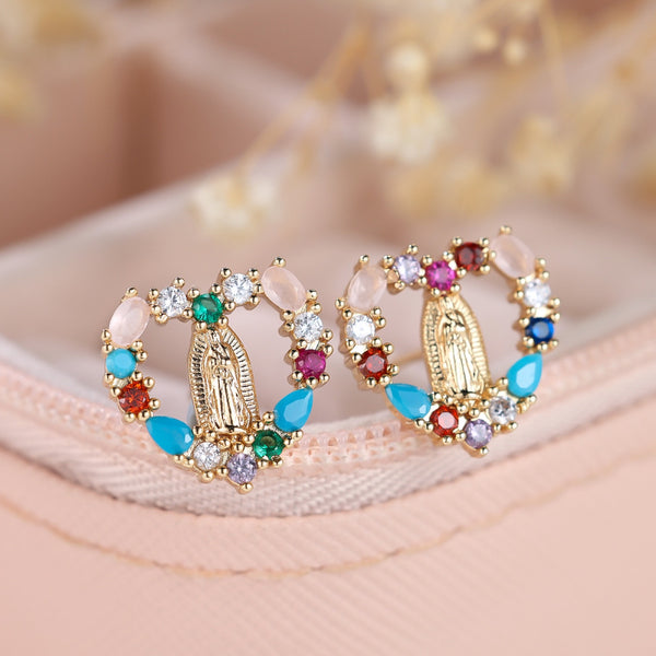 Gold-Tone Virgin Mary Medallion Stud Earrings with Multicolor Crystals
