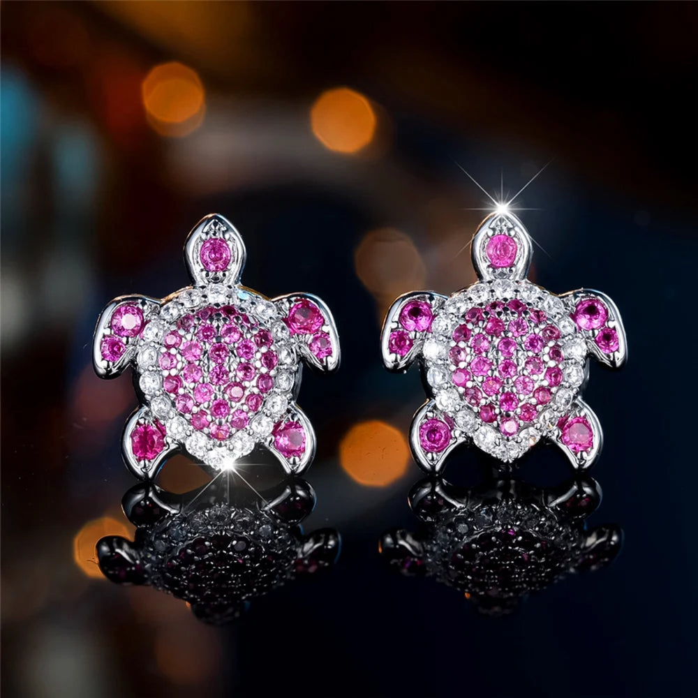 Silver-Tone Ruby-Red & White Crystal Pave Sea Turtle Stud Earrings