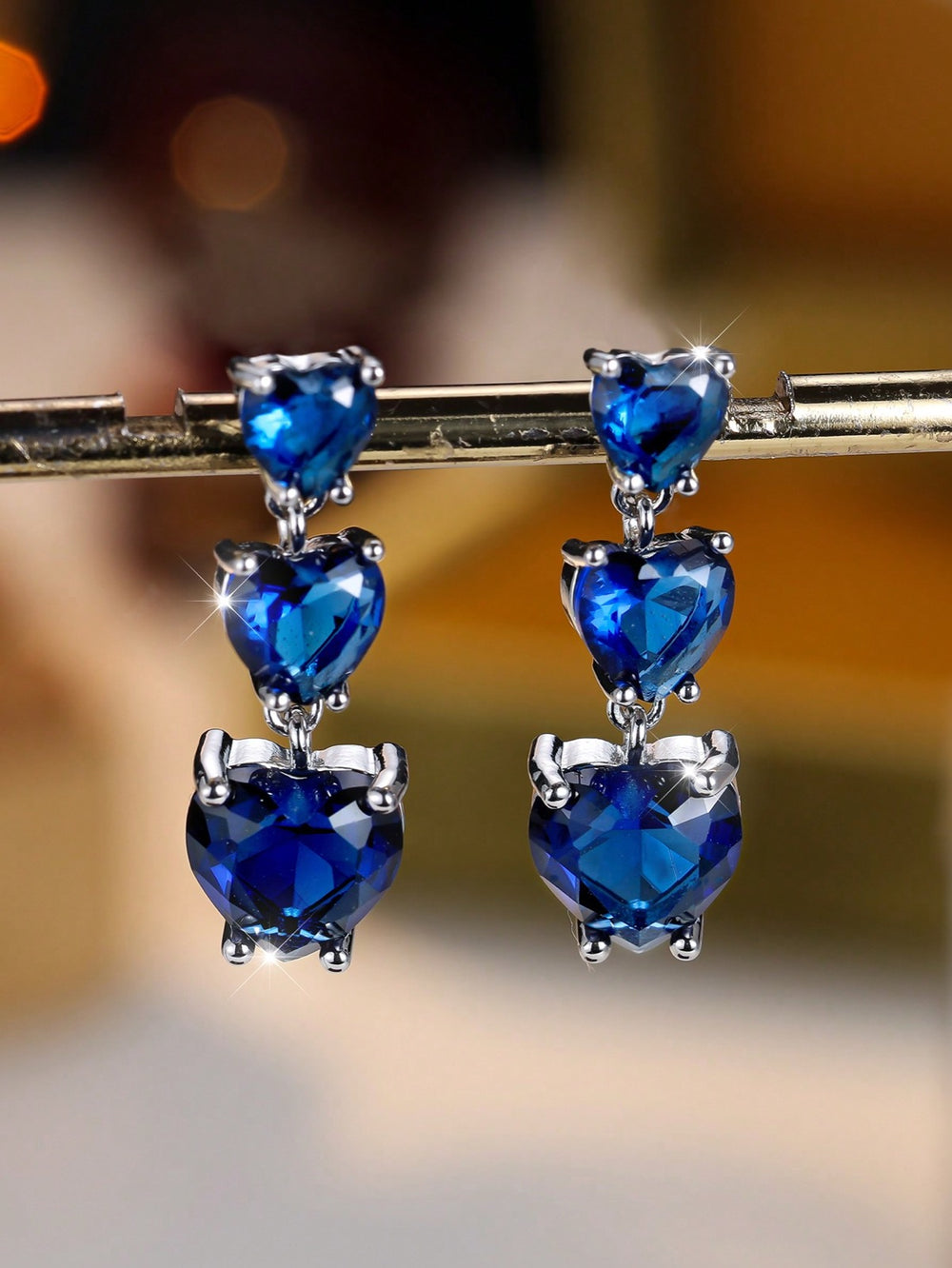 Silver-Tone Royal Blue Heart Crystal Triple Drop Earrings