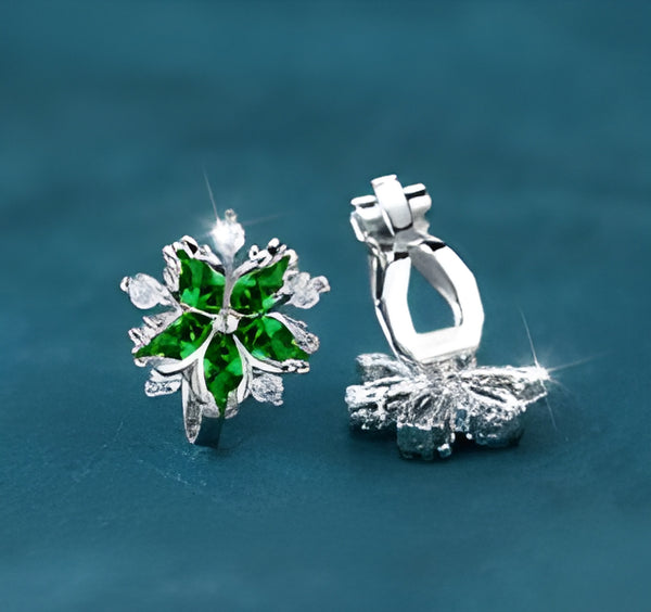 Silver-Tone Emerald-Green Crystal Cherry Blossom Clip-On Earrings