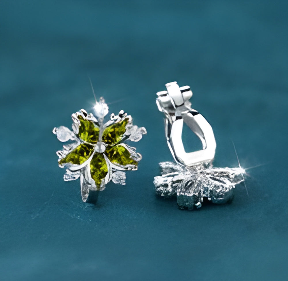 Silver-Tone Olive Green Crystal Cherry Blossom Clip-On Earrings