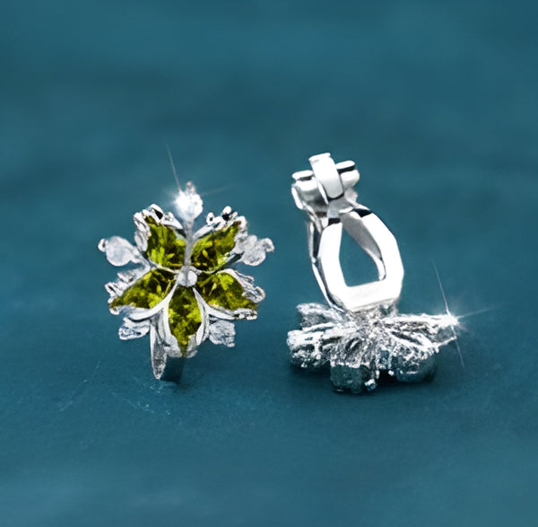 Silver-Tone Olive Green Crystal Cherry Blossom Clip-On Earrings