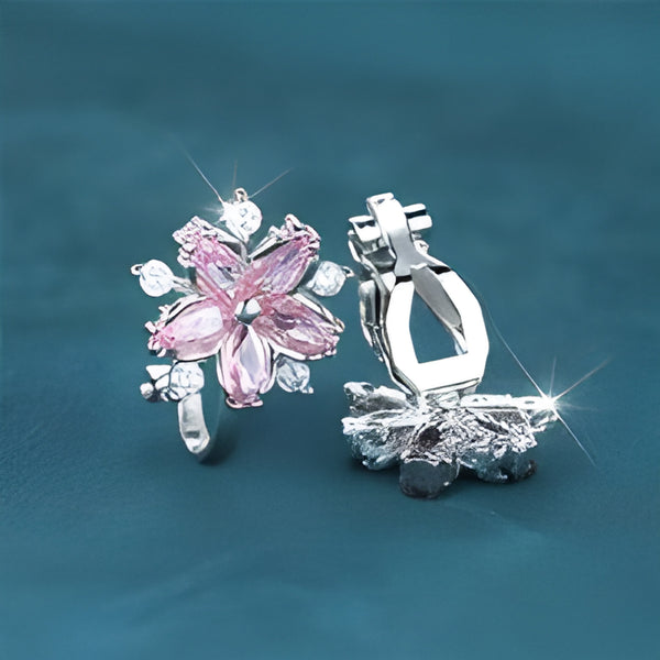 Silver-Tone Pink Crystal Cherry Blossom Clip-On Earrings
