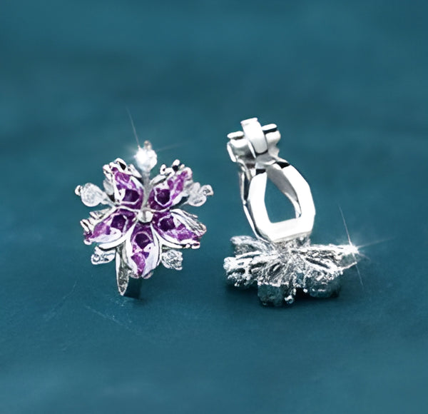 Silver-Tone Purple Crystal Cherry Blossom Clip-On Earrings