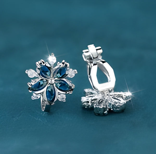 Silver-Tone Royal Blue Crystal Cherry Blossom Clip-On Earrings