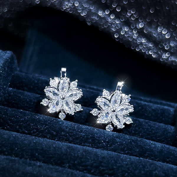 Silver-Tone White Crystal Cherry Blossom Clip-On Earrings