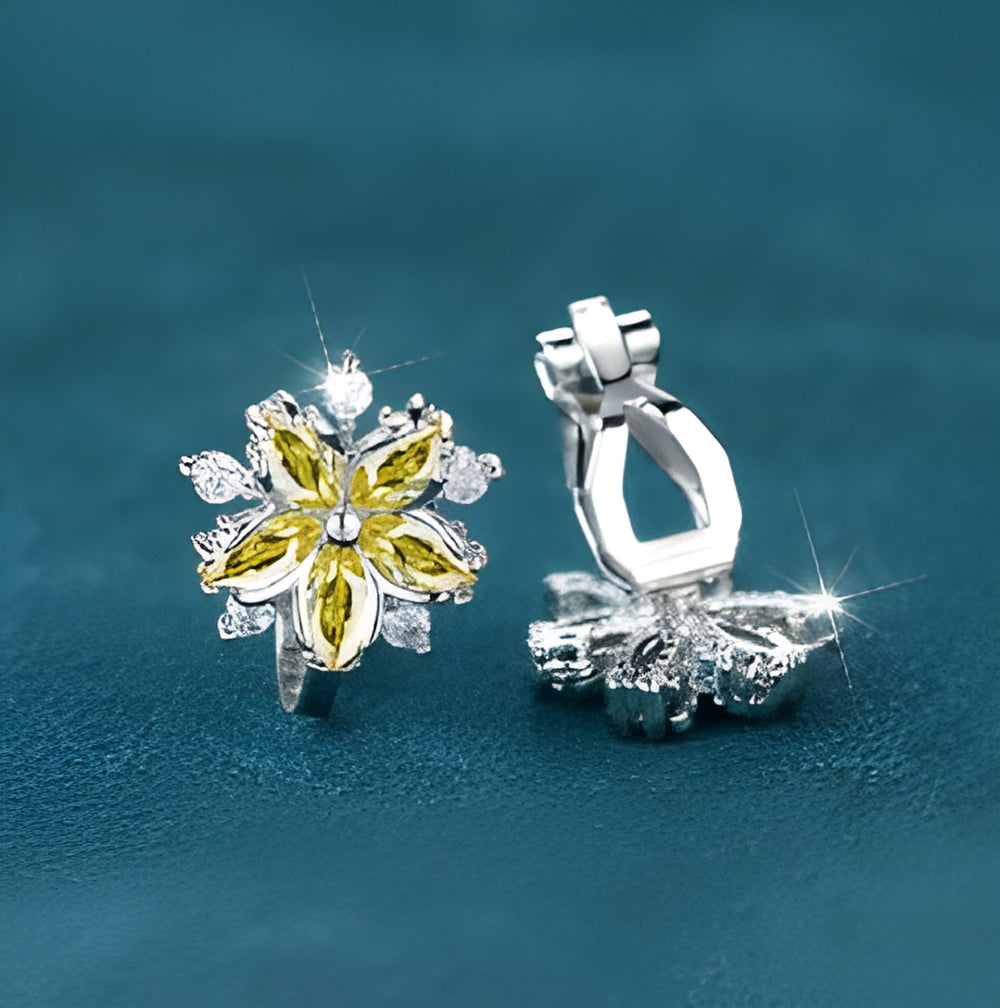 Silver-Tone Golden Yellow Crystal Cherry Blossom Clip-On Earrings