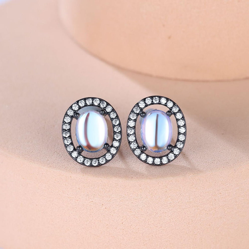 Black Gold-Tone Micro-Pave White Simulated Opal Egg-Shape Stud Earrings