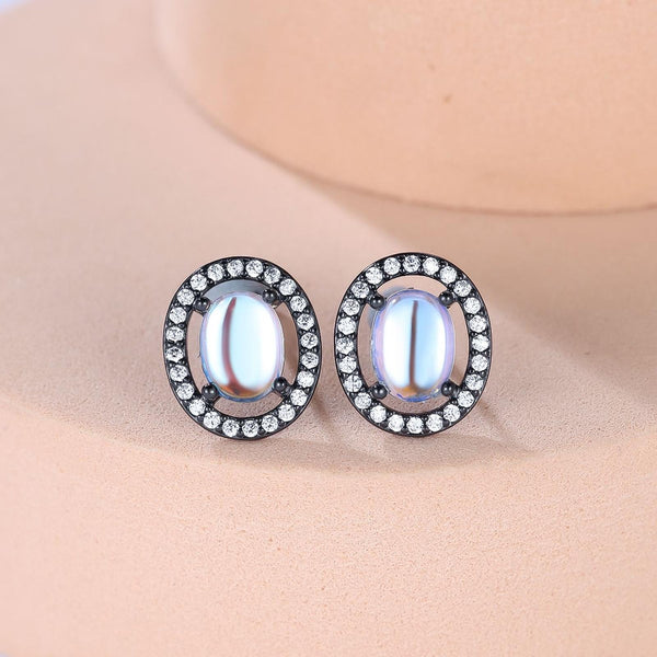 Black Gold-Tone Micro-Pave White Simulated Opal Egg-Shape Stud Earrings