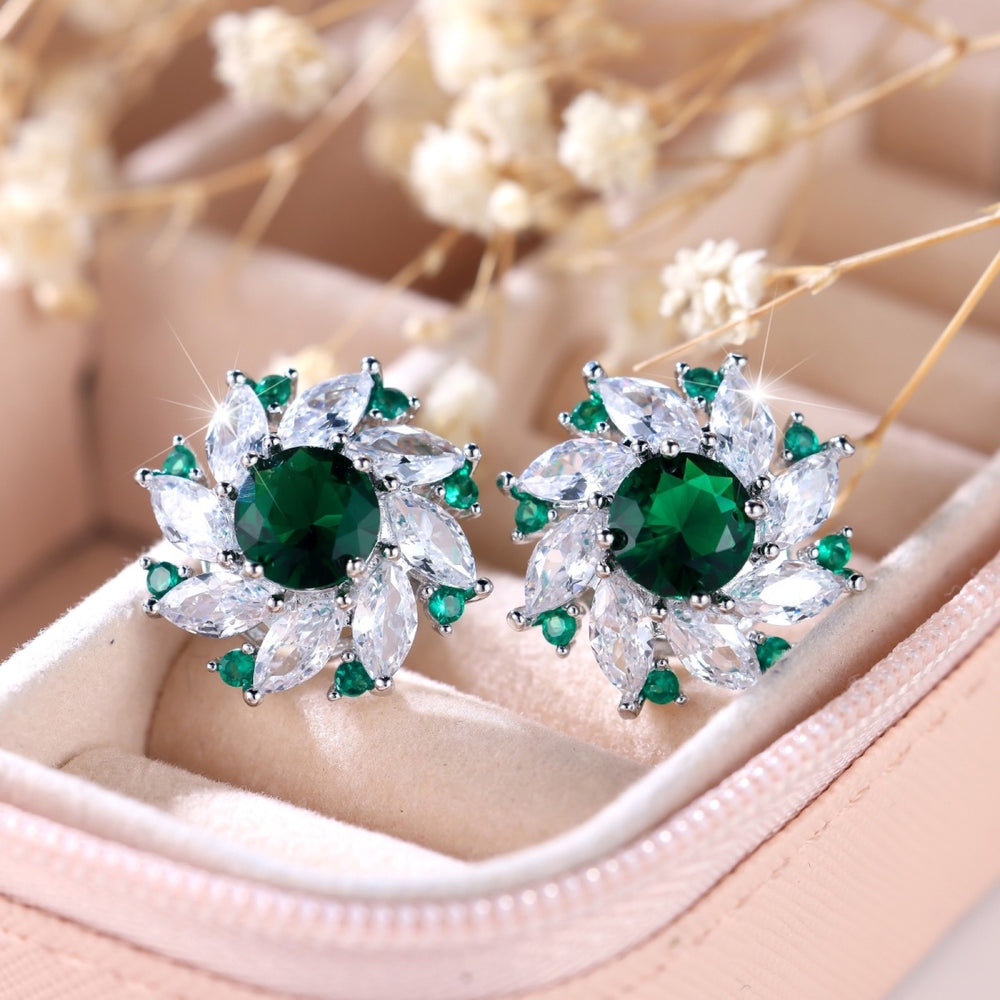 Silver-Tone Emerald-Green Crystal Marquise Pinwheel Stud Earrings