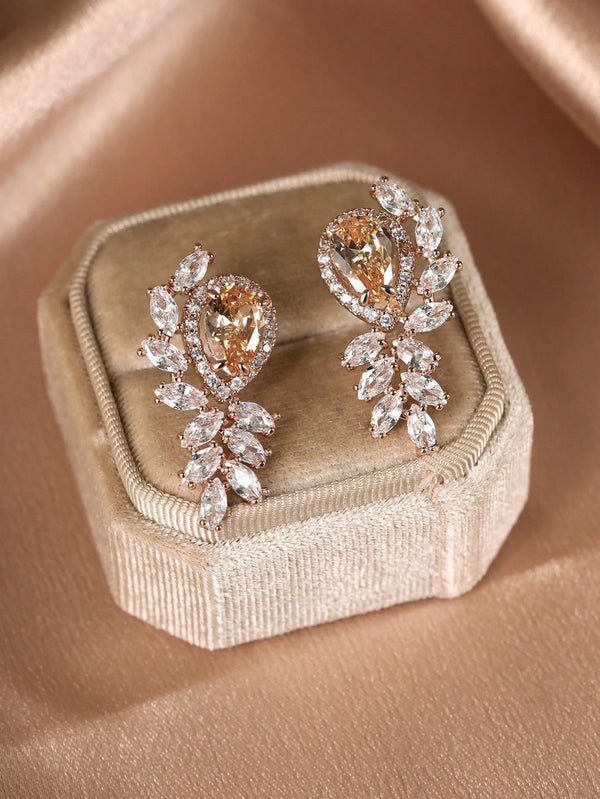 Rose Gold-Tone Champagne Crystal Teardrop Halo Marquise Stud Earrings