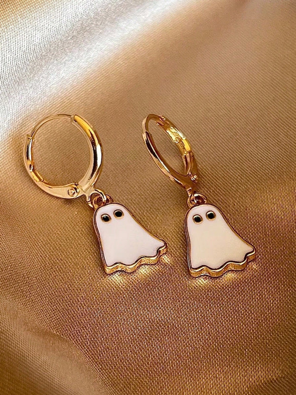 Gold-Tone White Enamel Ghost Charm Huggie Hoop Earrings