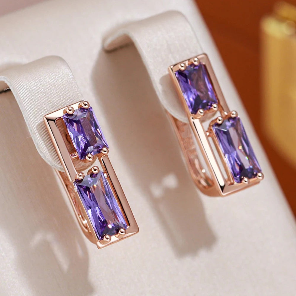 Champagne Gold-Tone Purple Crystal Rectangular Hoop Earrings