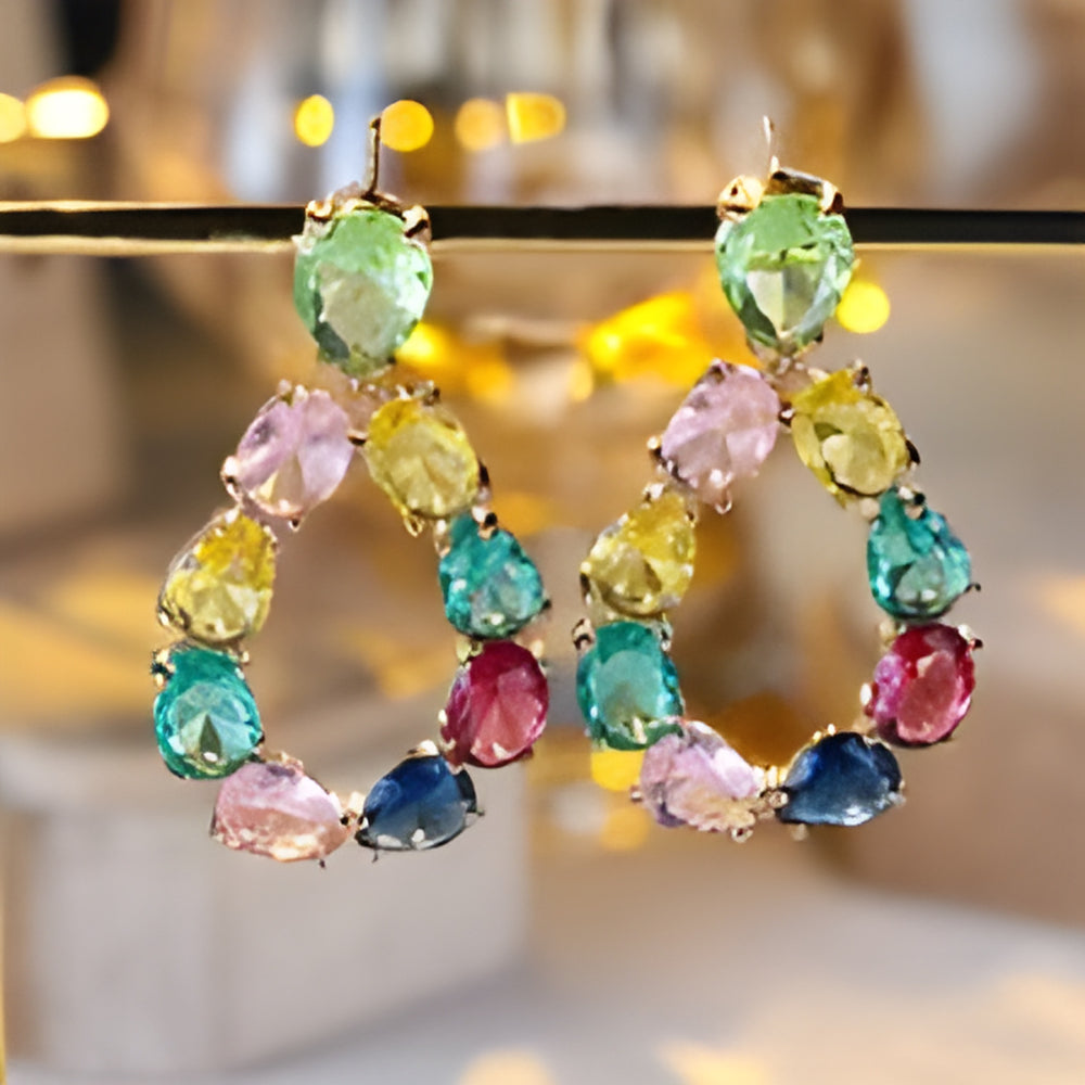 Gold-Tone Multicolor Oval Crystal Open Teardrop Drop Earrings