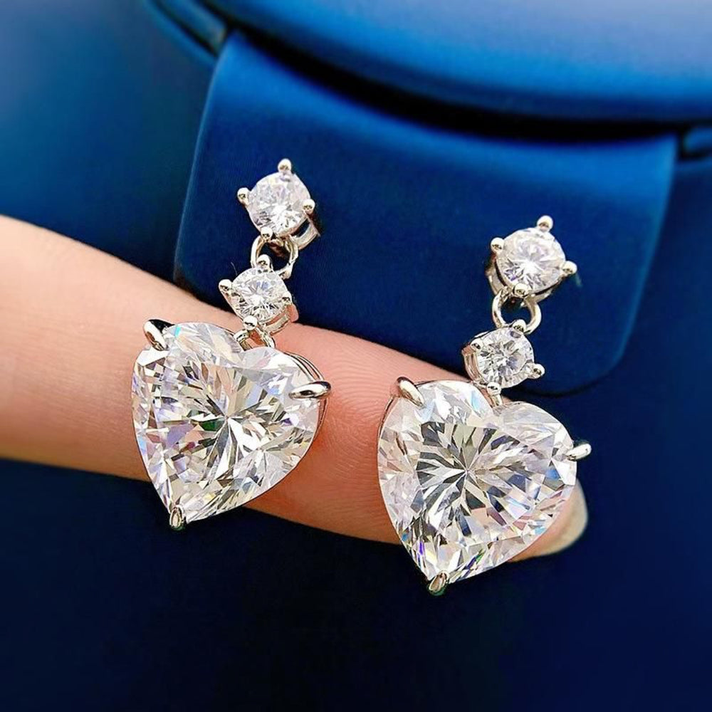 Silver-Tone White Crystal Heart Solitaire Drop Earrings