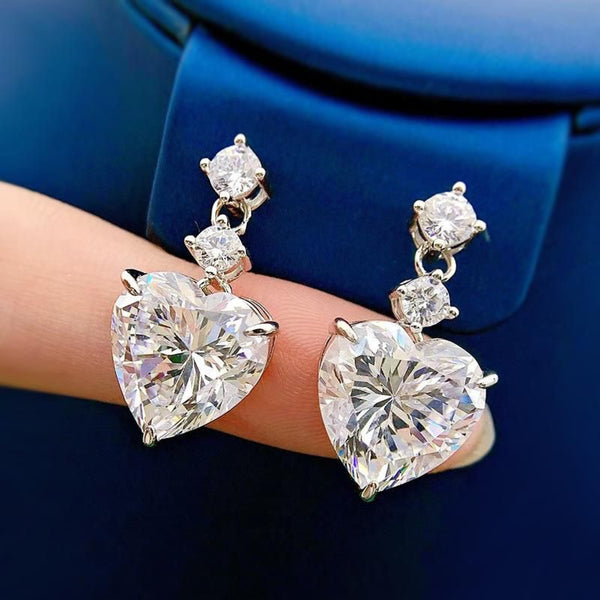 Silver-Tone White Crystal Heart Solitaire Drop Earrings