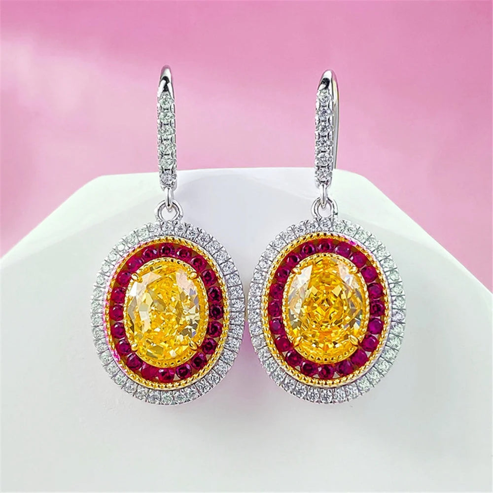 Silver & Gold-Tone Yellow Oval Crystal Double Halo Drop Earrings
