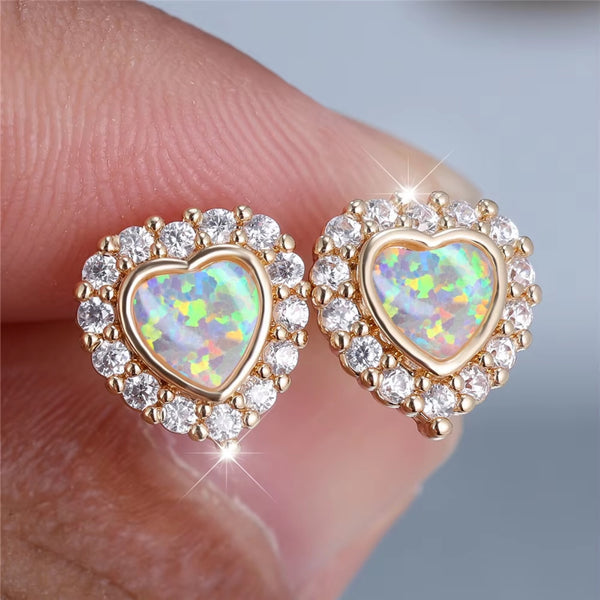 Gold-Tone White Simulated Opal Heart Crystal Halo Stud Earrings