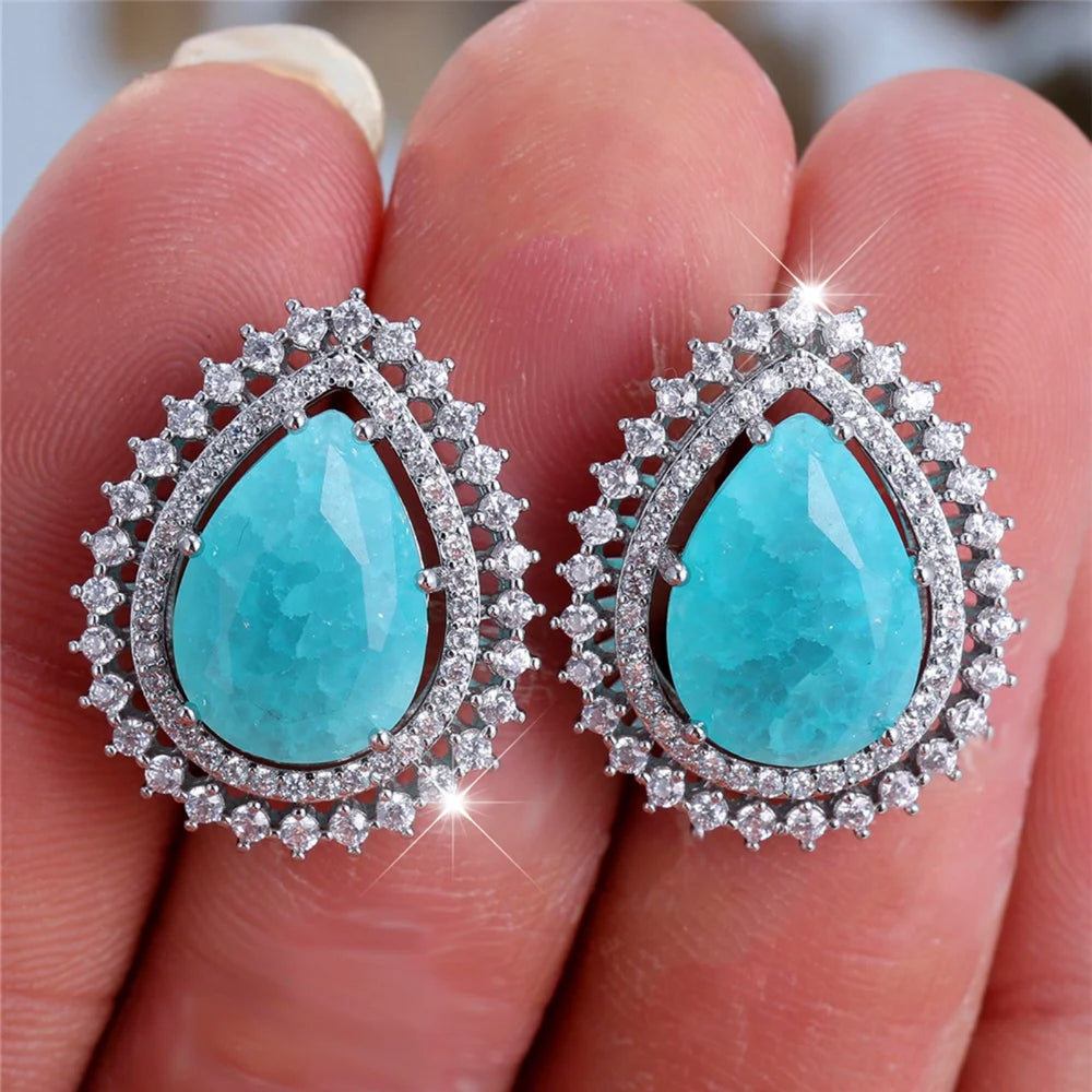 Silver-Tone Aqua Crackle Teardrop Crystal Double Halo Stud Earrings