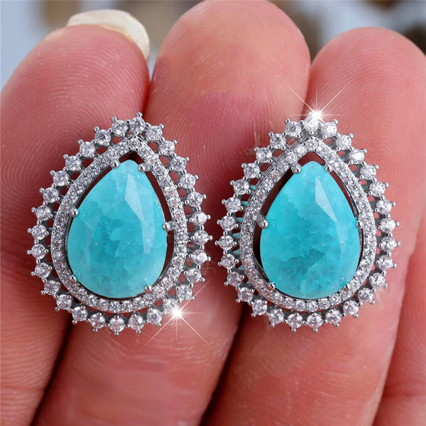Silver-Tone Aqua Crackle Teardrop Crystal Double Halo Stud Earrings