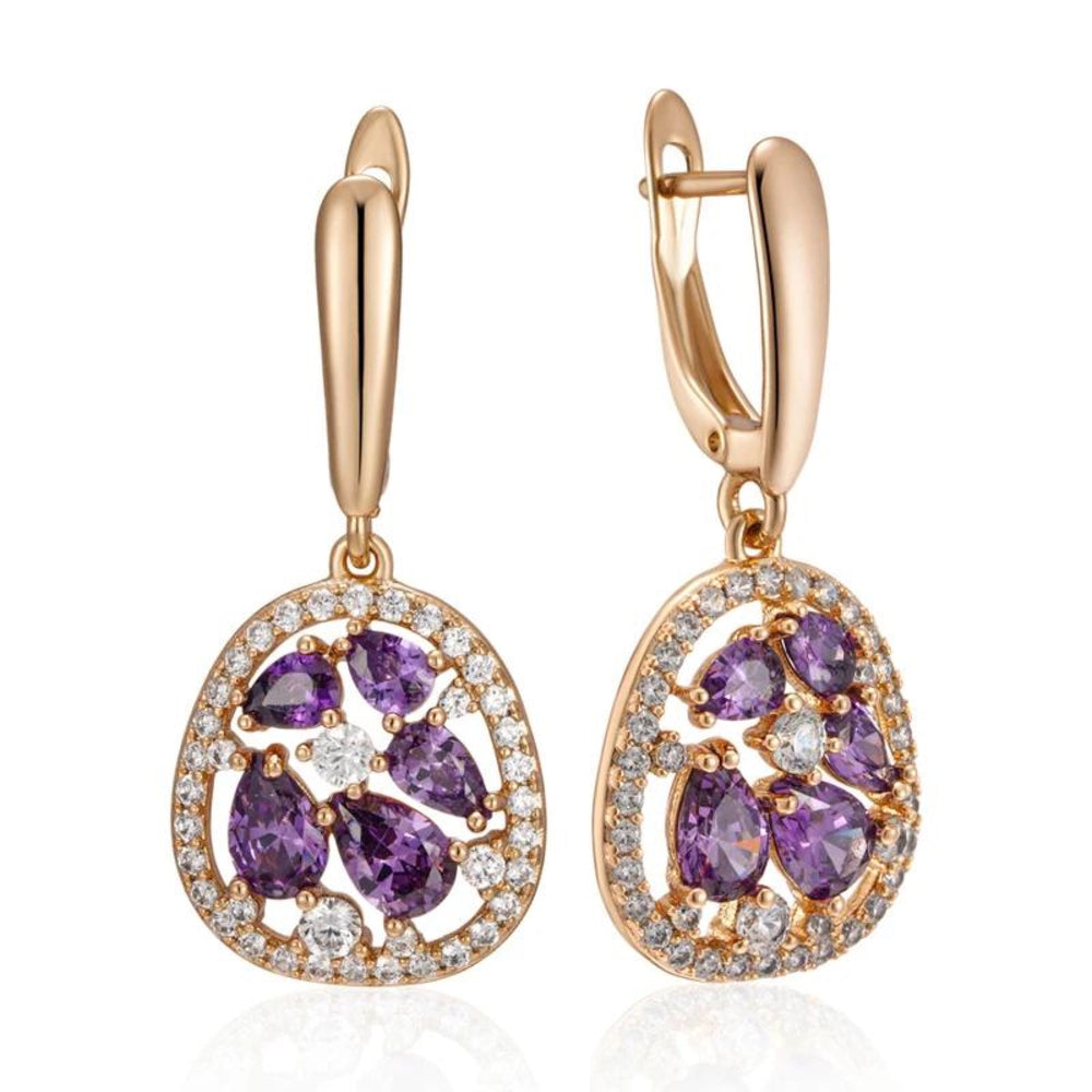 Champagne Gold-Tone Purple Crystal Openwork Oval Drop Earrings