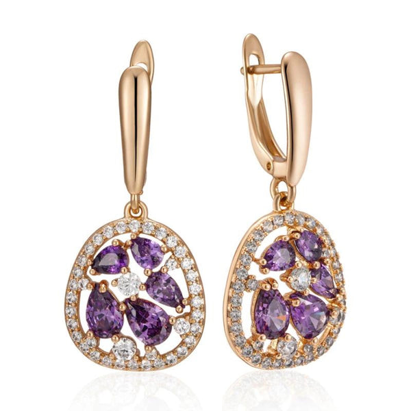 Champagne Gold-Tone Purple Crystal Openwork Oval Drop Earrings