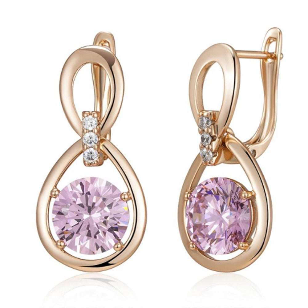 Champagne Gold-Tone Haloed Pink Round Crystal Gourd Drop Earrings