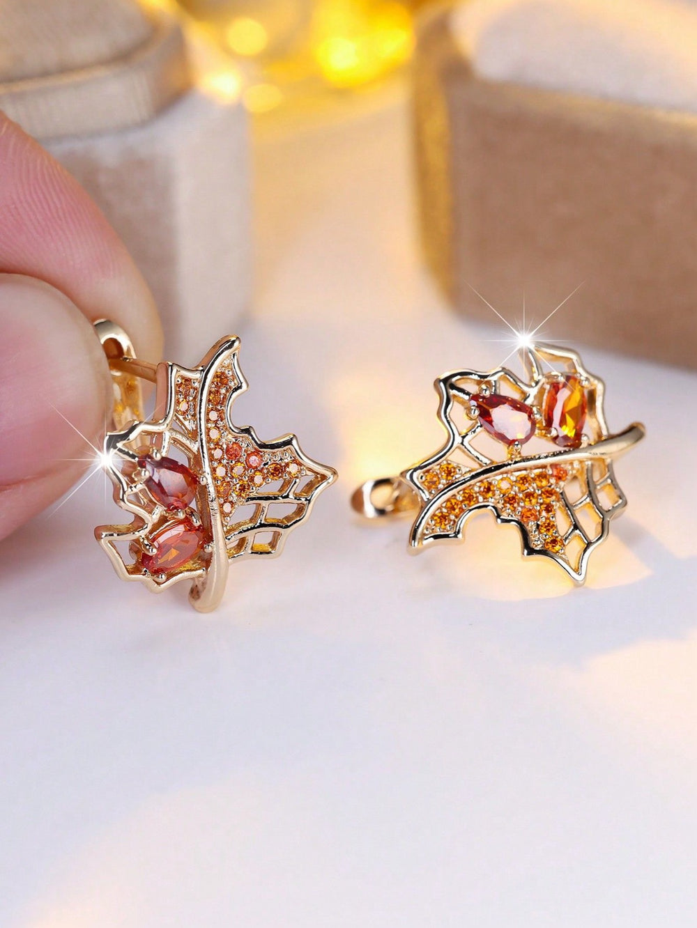 Champagne Gold-Tone Garnet-Red Crystal Maple Leaf Stud Earrings