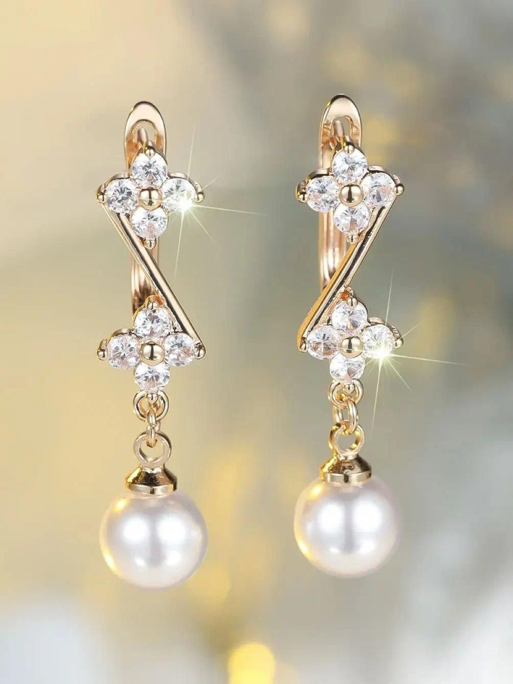 Champagne Gold-Tone White Crystal Flower Simulated Pearl Drop Earrings