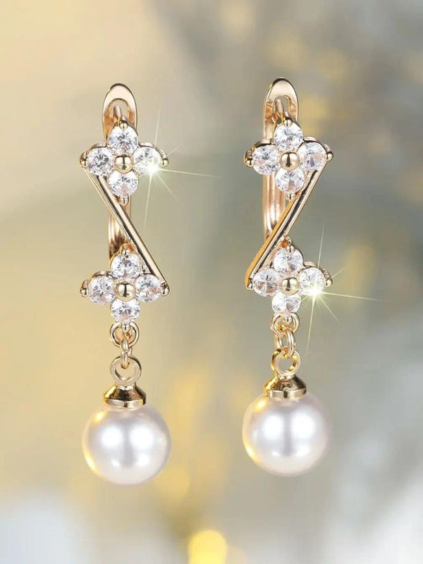 Champagne Gold-Tone White Crystal Flower Simulated Pearl Drop Earrings