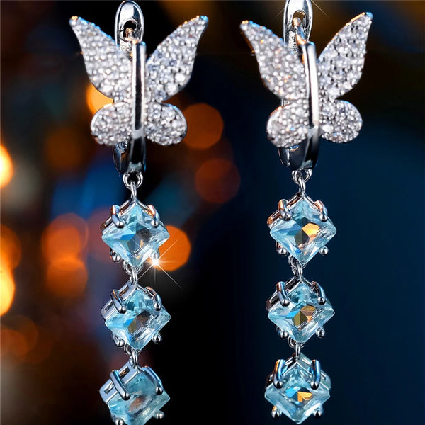 Silver-Tone Aqua Square Crystal Butterfly Drop Earrings