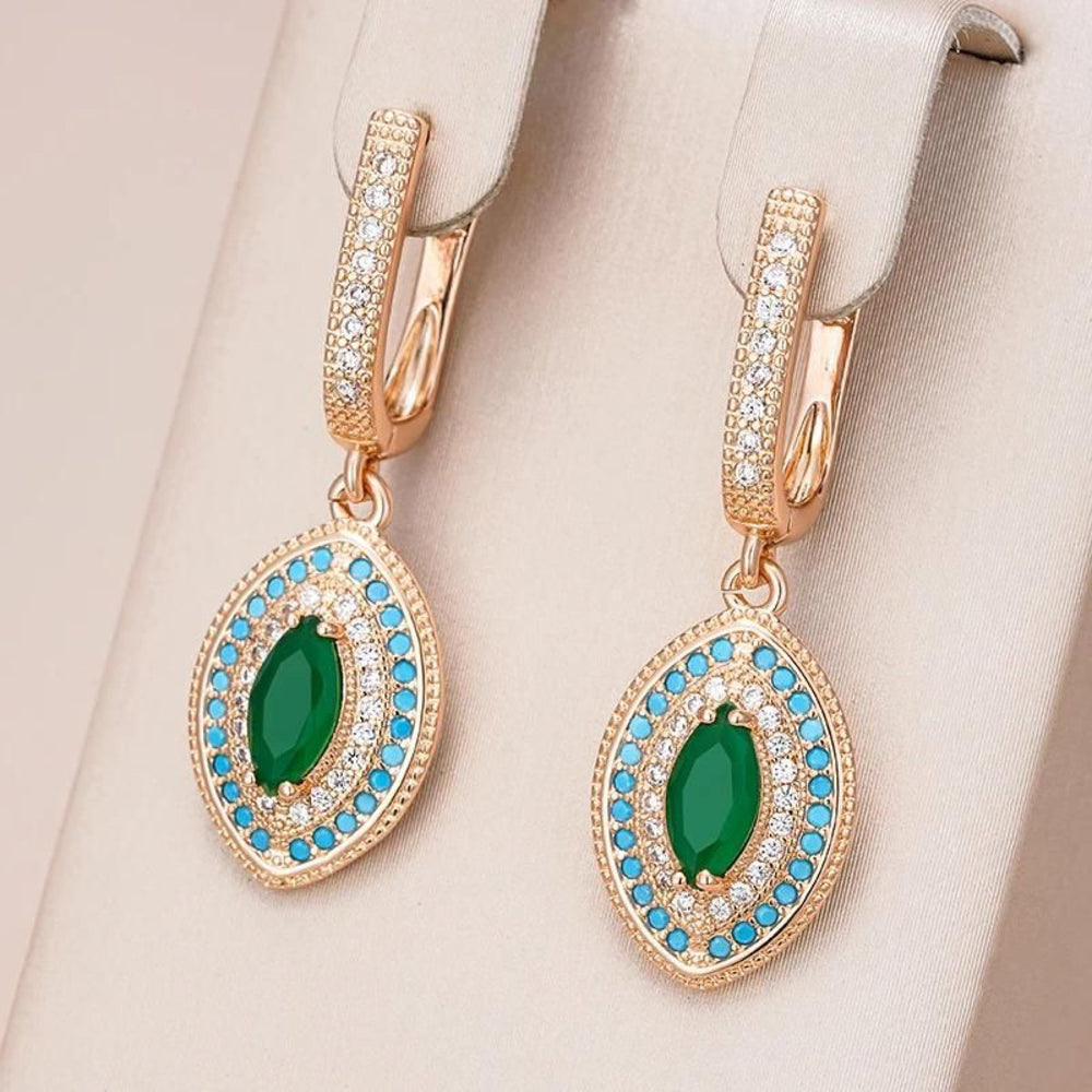 Champagne Gold-Tone Green Marquise Turquoise-Trim Drop Earrings