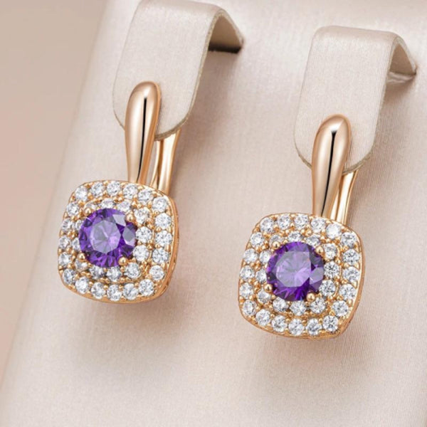 Champagne Gold-Tone Round Purple Crystal Double Halo Huggie Earrings