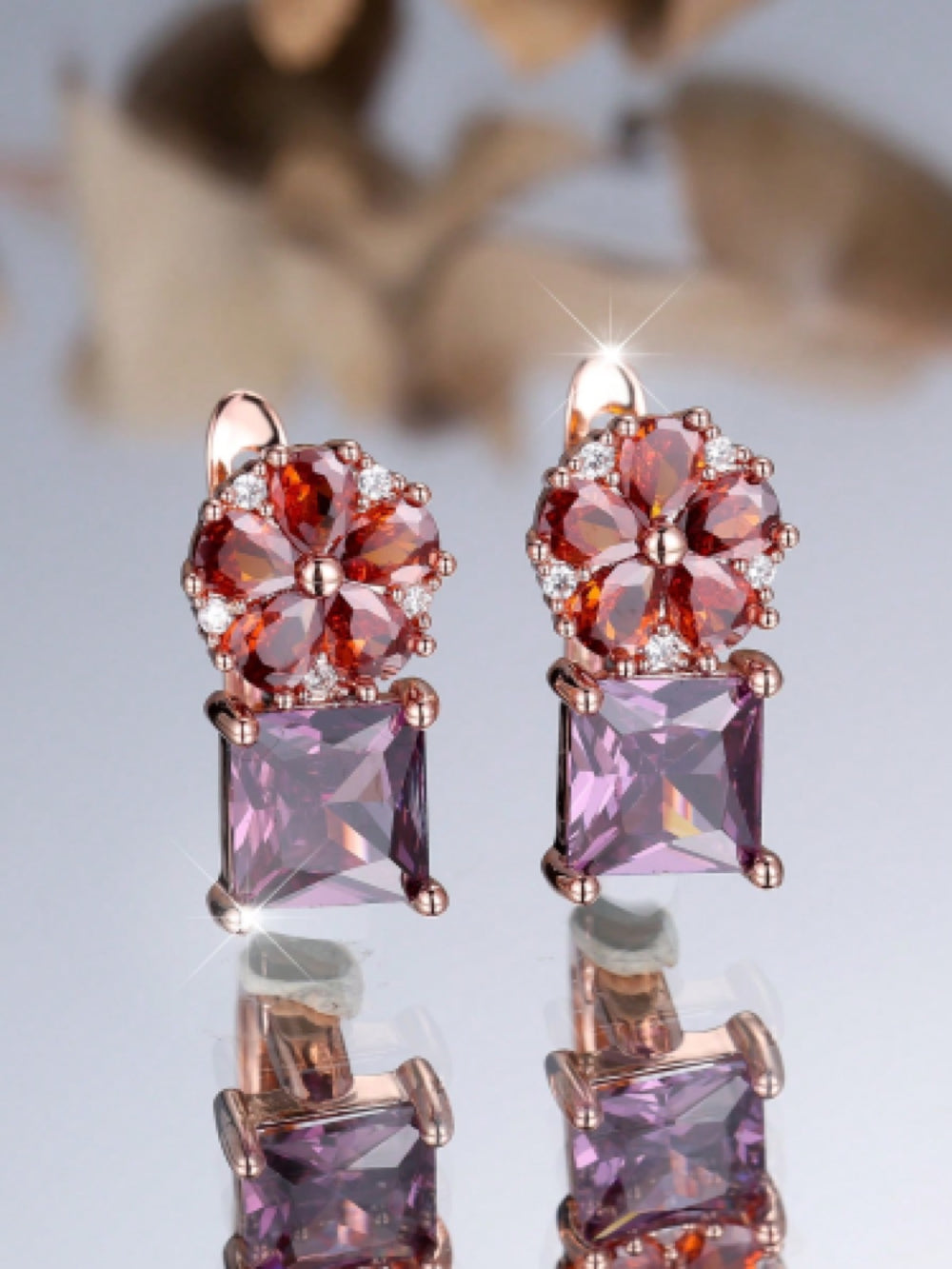 Rose Gold-Tone Red Flower & Purple Square Crystal Huggie Earrings